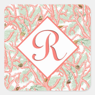 Sticker Carré Branches de corail avec coquillages Monogramme