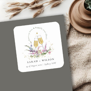 Sticker Carré Bravo à l'amour Vins d'or Verres Mariage Floral