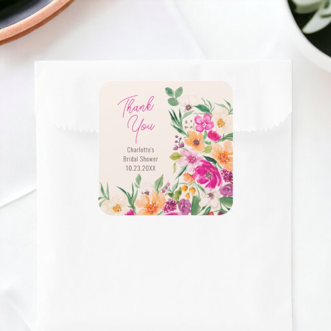 Sticker Carré Bright bold fleurs sauvages script douche de marié (Bright bold wild flowers script bridal shower square sticker on ivory)