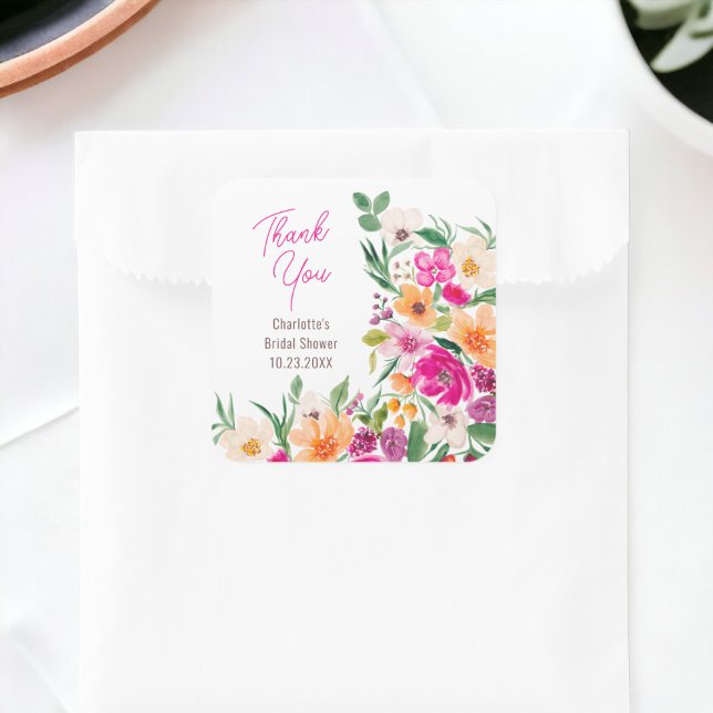 Sticker Carré Bright bold fleurs sauvages script douche de marié (Bright bold wild flowers script bridal shower square sticker)
