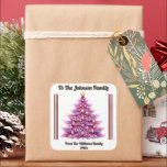 Sticker Carré Bright Christmas Gift Tag Design<br><div class="desc">Un cadeau joliment emballé se trouve sur une surface festive,  ornée d'un autocollant vibrant représentant un arbre de Noël rose et capricieux.</div>