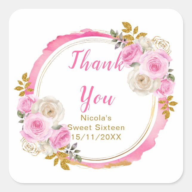 Sticker Carré Bright Pink and Gold Elegant Flowers Sweet Sixteen (Devant)