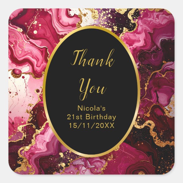 Sticker Carré Bright Red and Gold Marble Agate Birthday Party (Devant)