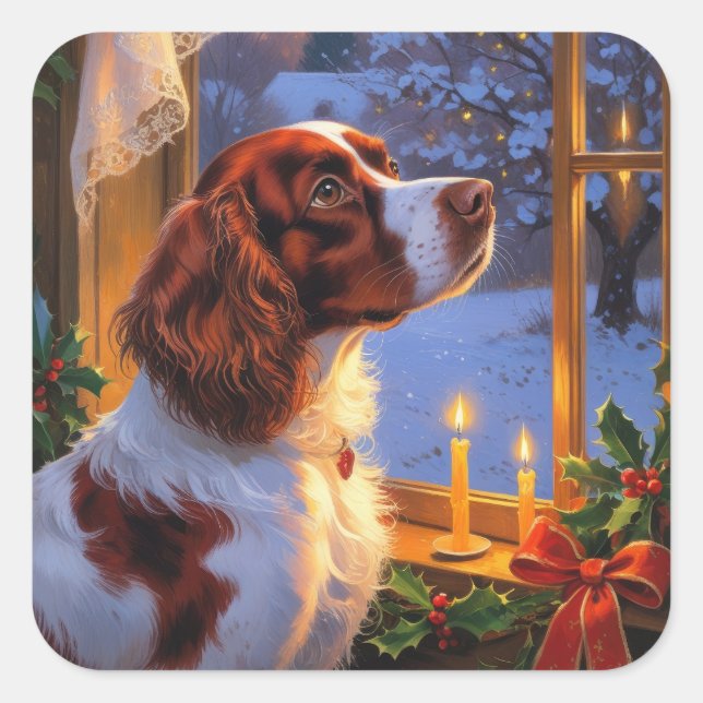 Sticker Carré Brittany Spaniel with Christmas Lights Holiday  (Devant)