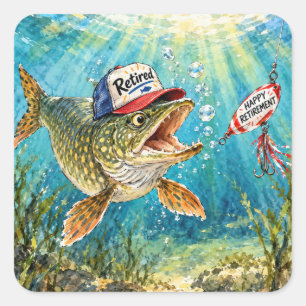 Sticker Carré Brochet du Nord à la retraite portant une casquett