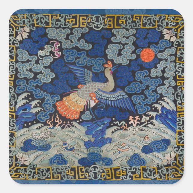 Sticker Carré Broderie chinoise bleu d'oiseau Vintage (Devant)