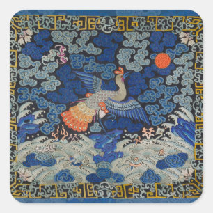 Sticker Carré Broderie chinoise bleu d'oiseau Vintage