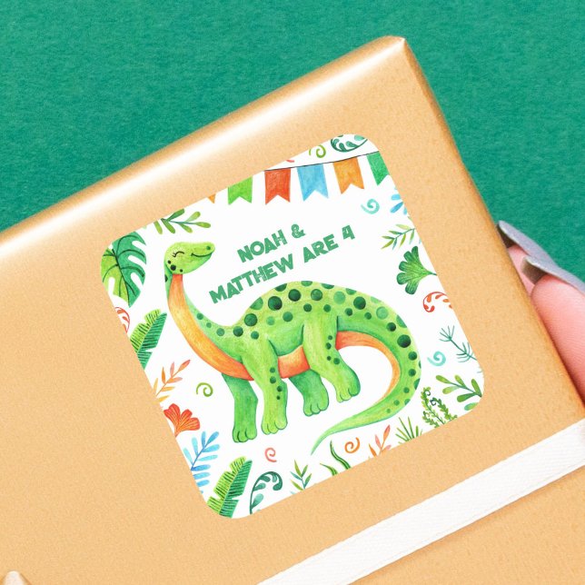 Sticker Carré Brontosaurus Dinosaur Double Celebration Boys (Brontosaurus Dinosaur Joint Birthday Square Sticker)