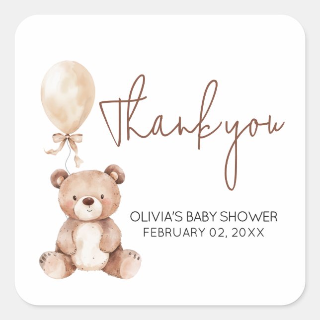 Sticker Carré Brown Bear Balloon Baby Shower (Devant)