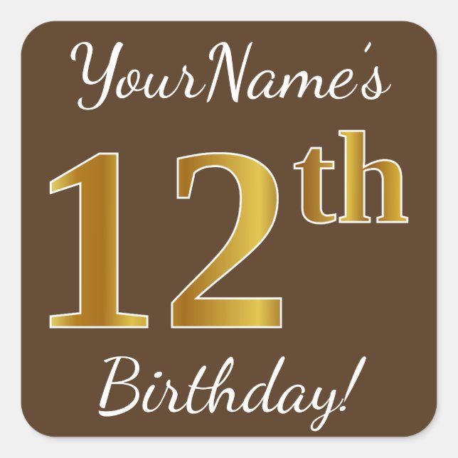 Sticker Carré Brown, Faux Gold 12e anniversaire + Nom personnali (Devant)