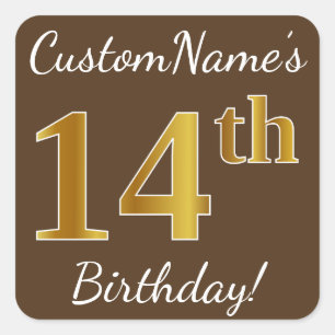 Sticker Carré Brown, Faux Gold 14e anniversaire + Nom personnali