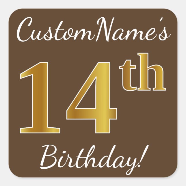 Sticker Carré Brown, Faux Gold 14e anniversaire + Nom personnali (Devant)