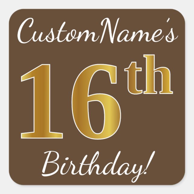 Sticker Carré Brown, Faux Gold 16e anniversaire + Nom personnali (Devant)