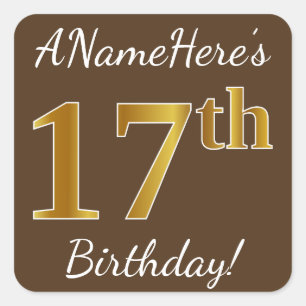 Sticker Carré Brown, Faux Gold 17e anniversaire + Nom personnali