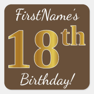 Sticker Carré Brown, Faux Gold 18e anniversaire + Nom personnali