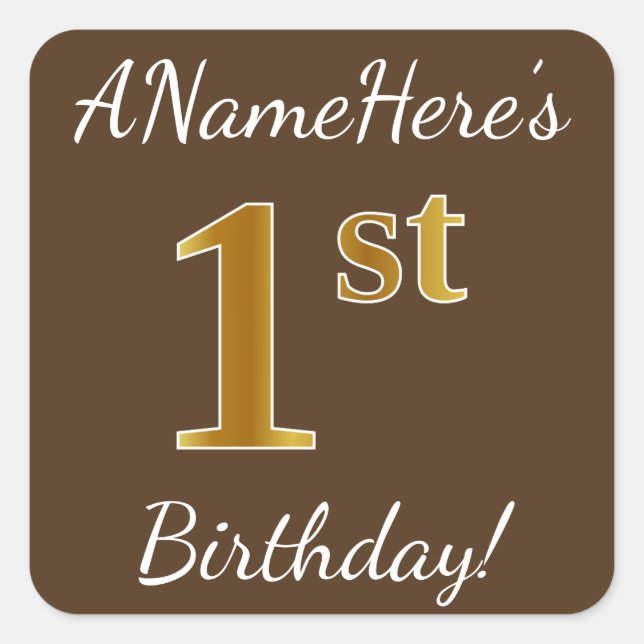 Sticker Carré Brown, Faux Gold 1er anniversaire + Nom personnali (Devant)