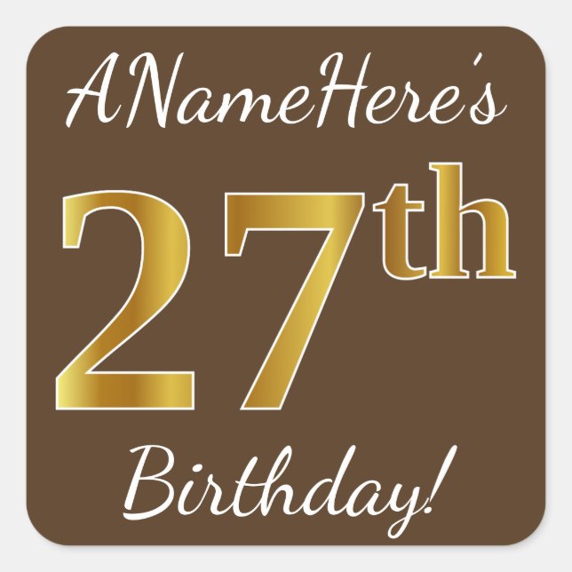 Sticker Carré Brown, Faux Gold 27e anniversaire + Nom personnali (Devant)