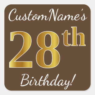 Sticker Carré Brown, Faux Gold 28e anniversaire + Nom personnali