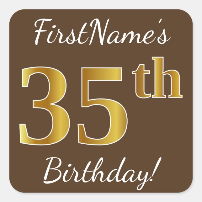 Sticker Carré Brown, Faux Gold 35e anniversaire + Nom personnali (Devant)