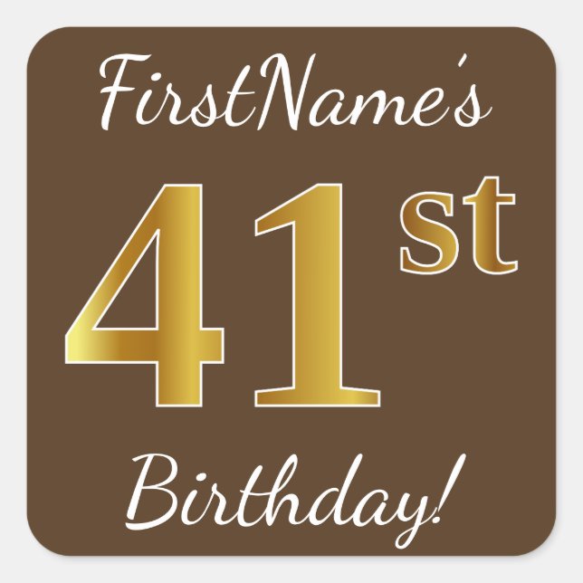 Sticker Carré Brown, Faux Gold 41ème anniversaire + Nom personna (Devant)
