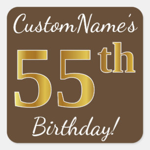 Sticker Carré Brown, Faux Gold 55e anniversaire + Nom personnali