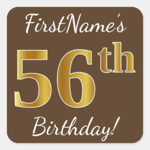 Sticker Carré Brown, Faux Gold 56e anniversaire + Nom personnali