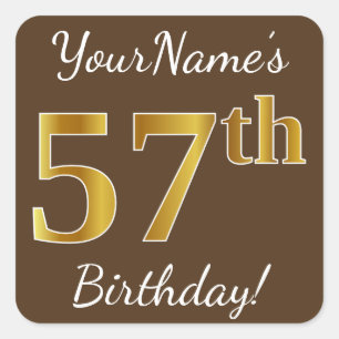 Sticker Carré Brown, Faux Gold 57e anniversaire + Nom personnali