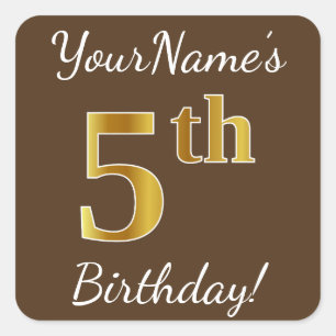 Sticker Carré Brown, Faux Gold 5e anniversaire + Nom personnalis