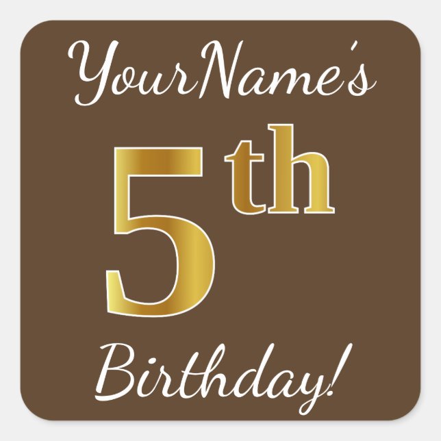Sticker Carré Brown, Faux Gold 5e anniversaire + Nom personnalis (Devant)