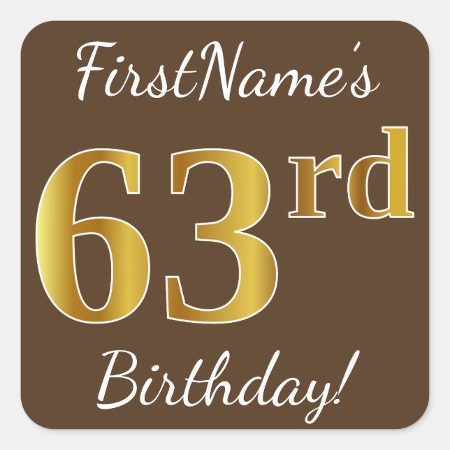 Sticker Carré Brown, Faux Gold 63ème anniversaire + Nom personna (Devant)