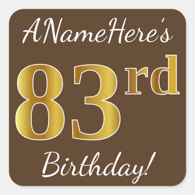 Sticker Carré Brown, Faux Gold 83ème anniversaire + Nom personna (Devant)
