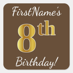 Sticker Carré Brown, Faux Gold 8ème anniversaire + Nom personnal
