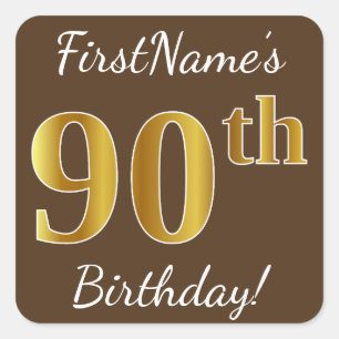 Sticker Carré Brown, Faux Gold 90e anniversaire + Nom personnali