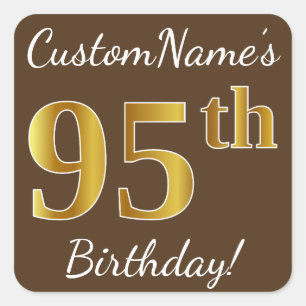 Sticker Carré Brown, Faux Gold 95e anniversaire + Nom personnali