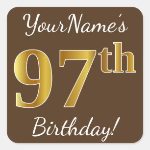Sticker Carré Brown, Faux Gold 97e anniversaire + Nom personnali