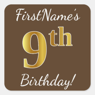 Sticker Carré Brown, Faux Gold 9e anniversaire + Nom personnalis