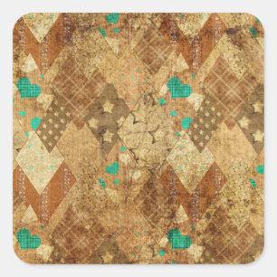 Sticker Carré Brown Grunge Quilt Stars Coeurs
