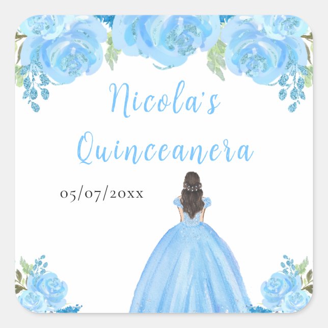 Sticker Carré Brown Hair Princess Blue Floral Quinceanera (Devant)