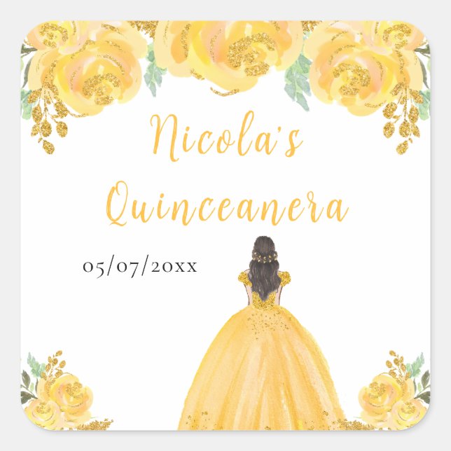 Sticker Carré Brown Hair Princess Gold Floral Quinceanera (Devant)