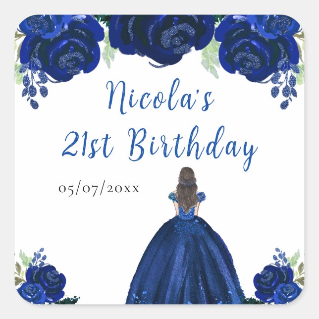 Sticker Carré Brown Hair Princess Navy Floral Birthday Party (Devant)