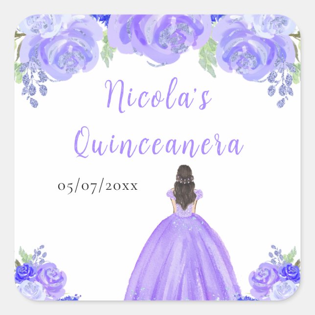 Sticker Carré Brown Hair Princess Purple Floral Quinceanera (Devant)