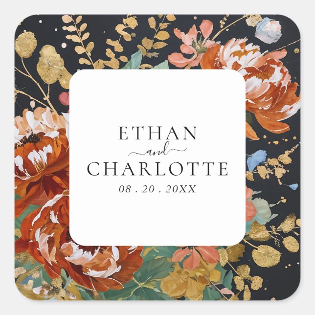 Sticker Carré Brûlé Orange Peonies Floral Peinture Or Mariage (Devant)