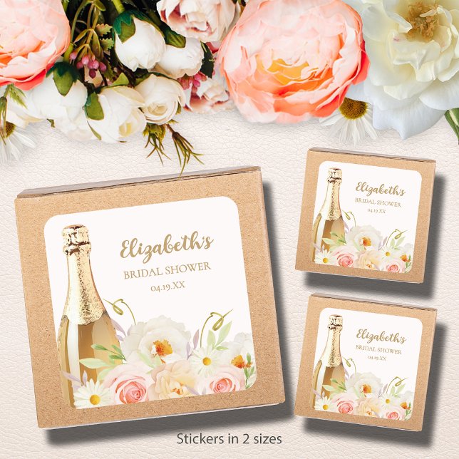 Sticker Carré Brunch & Bubbly Fête de Mariage Florale (Brunch & Bubbly blush floral bridal shower square stickers - choose 1-1/2" or 3" )