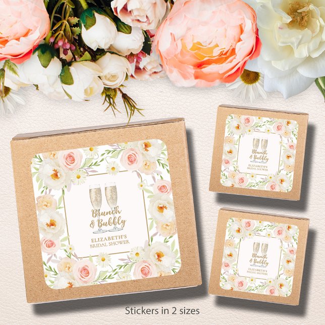 Sticker Carré Brunch & Bubbly Garden Fête des mariées florale (Brunch & Bubbly blush floral bridal shower square stickers - 3" and 1-1/2" )