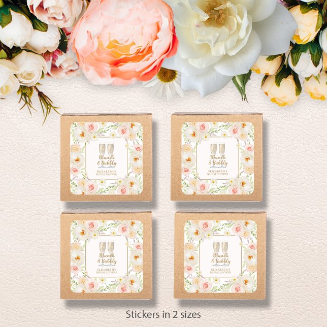 Sticker Carré Brunch & Bubbly Jardin Floral Baby Shower de Marié (Brunch & Bubbly blush floral bridal shower square stickers -  choose 1-1/2" or 3" )