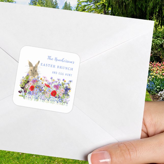 Sticker Carré Brunch de Pâques Chasse aux Oeufs Cute Bunny Flora (Easter brunch and egg hunt custom sticker with watercolor wildflowers and cute Easter bunny)