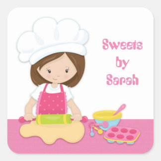 Sticker Carré Brunette Baker, Chef Casquette, Rose