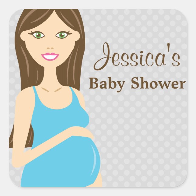 Sticker Carré Brunette Femme Enceinte En Baby shower Robe Bleue (Devant)