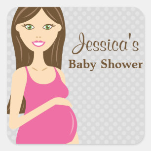 Sticker Carré Brunette Femme Enceinte En Robe Rose Baby shower