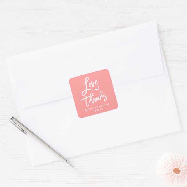 Sticker Carré Brush Script Love Merci Enveloppe rose sceaux (Enveloppe)
